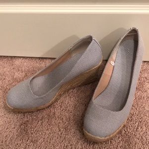Navy and white striped espadrille wedges